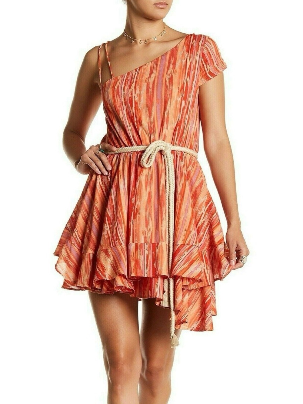 Free People Orange One-Shoulder Ruffled Dress Sz Medium *Missing Belt*
